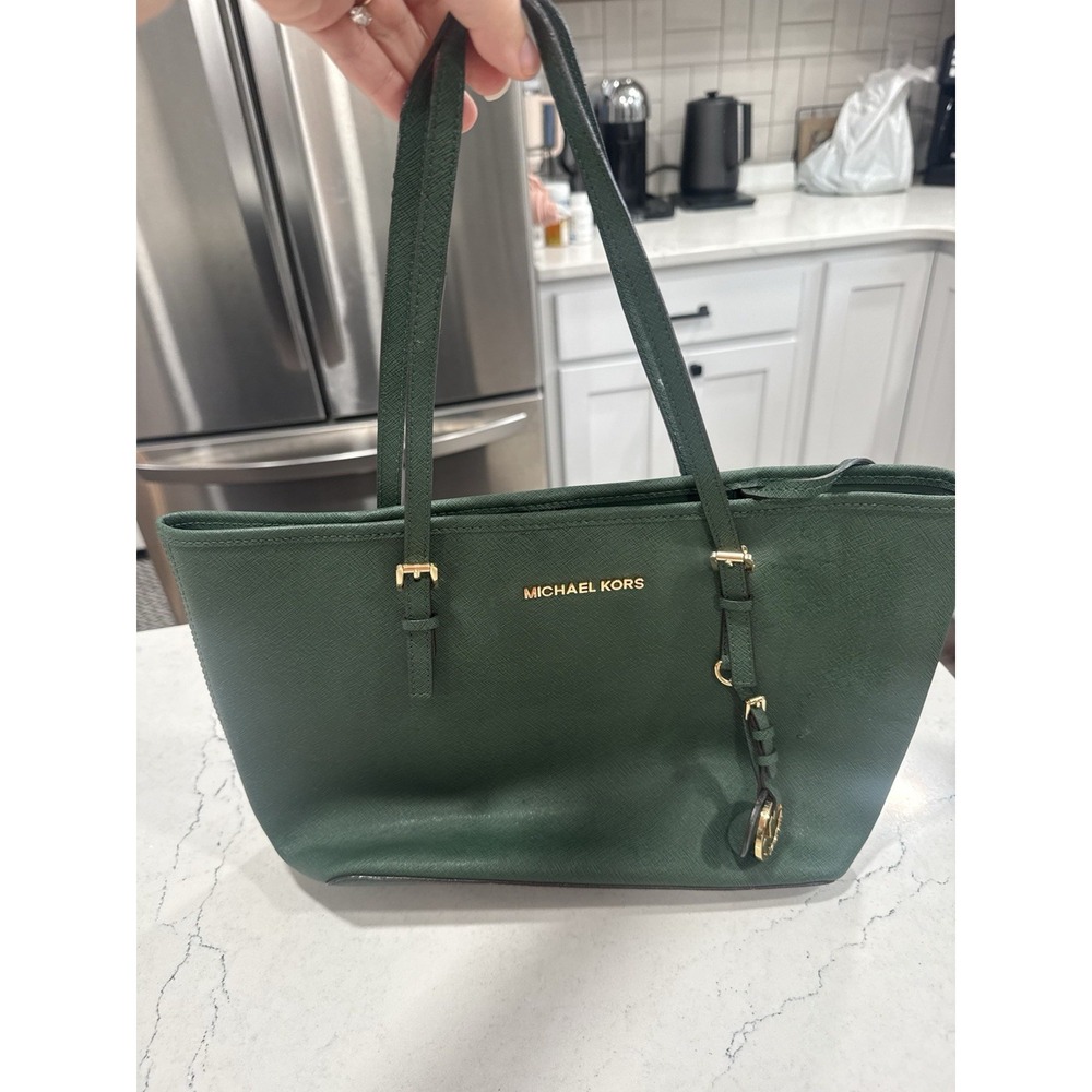 Michael Kors Saffiano Leather Tote Handbag Emerald Green Gold Hardware